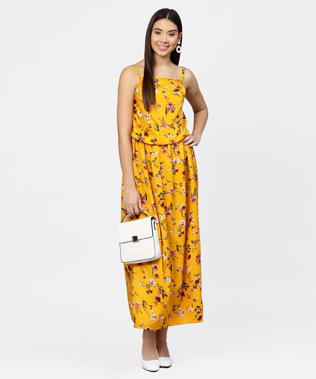 Women's Yellow Printed Shoulder Strapped With A Gather Neckline Maxi Dress