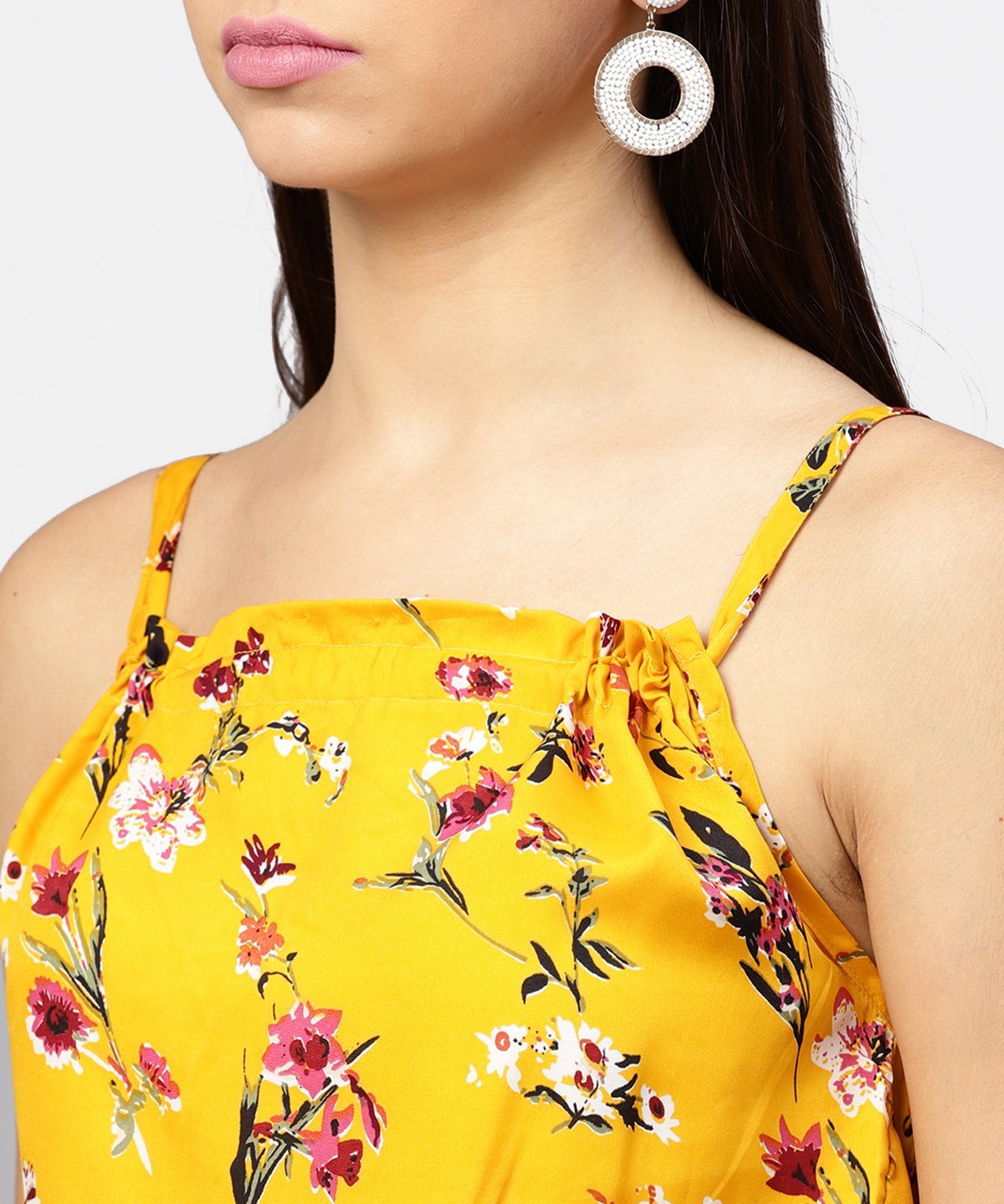 Women's Yellow Printed Shoulder Strapped With A Gather Neckline Maxi Dress