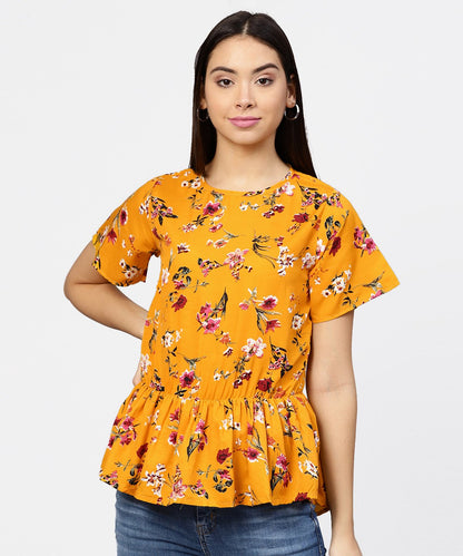 Women's Yellow Printed Short Sleeve With A Gathered Peplum Style Top