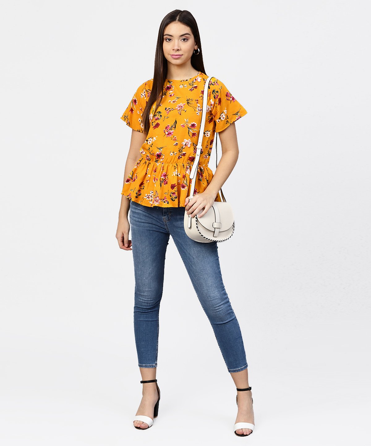 Women's Yellow Printed Short Sleeve With A Gathered Peplum Style Top