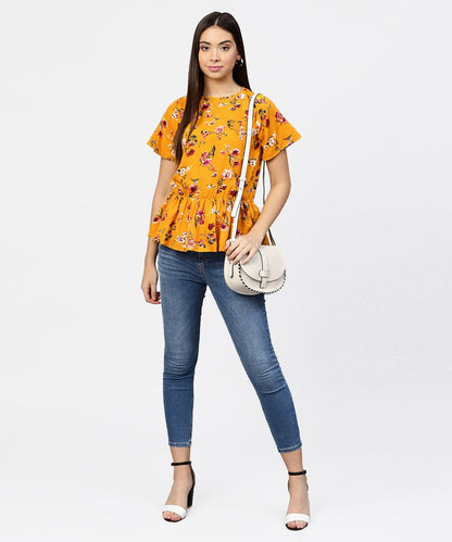 Women's Yellow Printed Short Sleeve With A Gathered Peplum Style Top