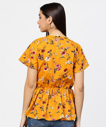 Women's Yellow Printed Short Sleeve With A Gathered Peplum Style Top