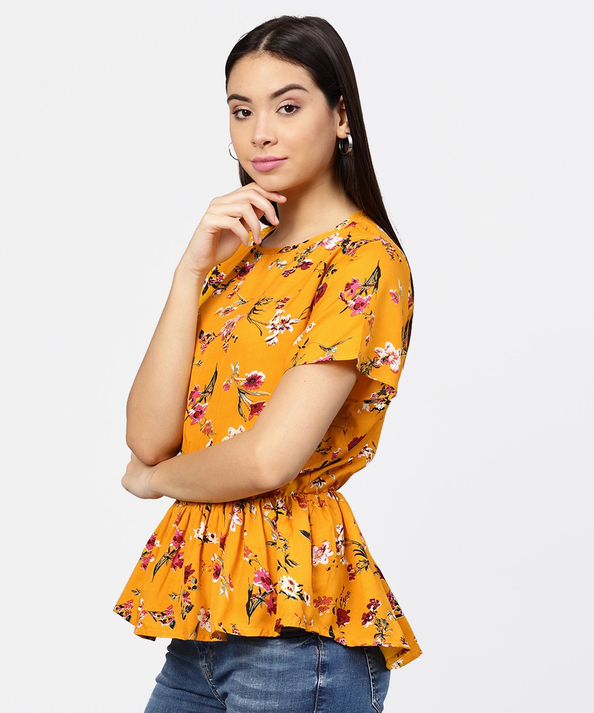 Women's Yellow Printed Short Sleeve With A Gathered Peplum Style Top