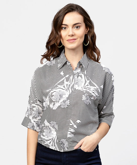 Women's Black Printed Short Sleeve Top With Shirt Collor