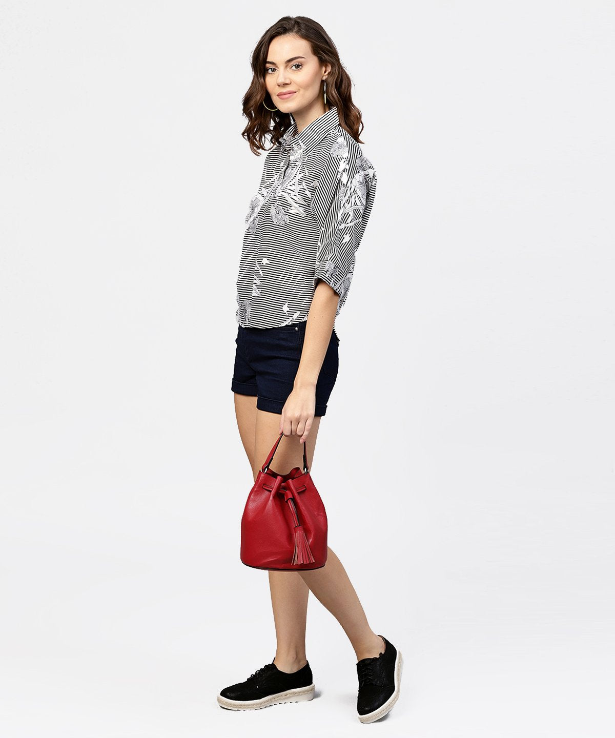 Women's Black Printed Short Sleeve Top With Shirt Collor