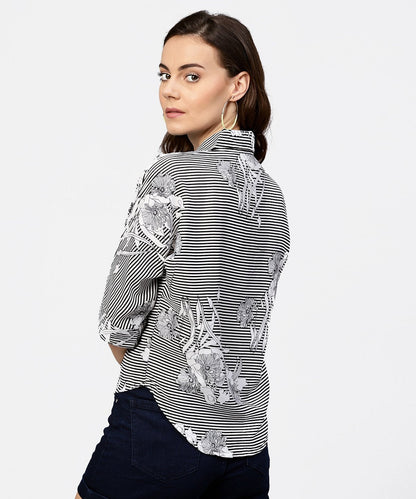 Women's Black Printed Short Sleeve Top With Shirt Collor