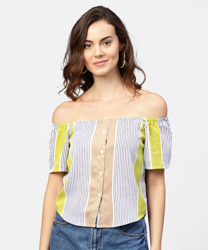 Women's Striped Multi Printed Off Shoulder Front Open Top