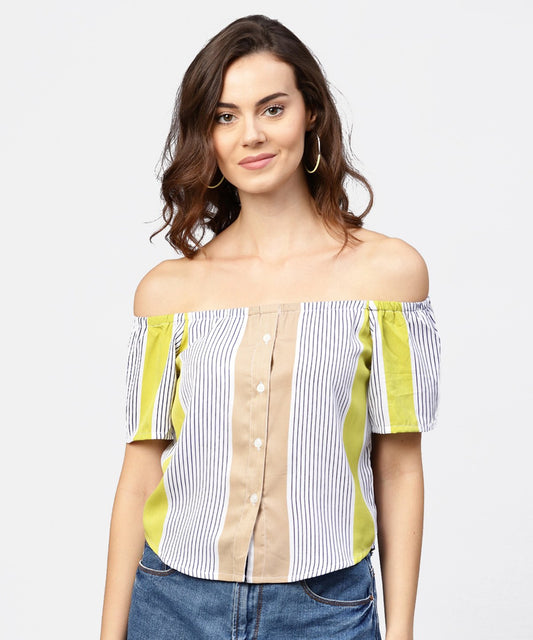 Women's Striped Multi Printed Off Shoulder Front Open Top