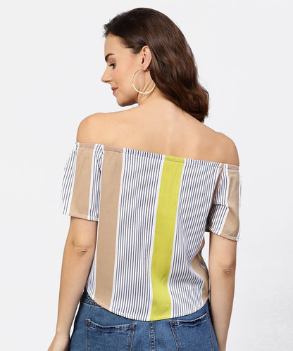 Women's Striped Multi Printed Off Shoulder Front Open Top