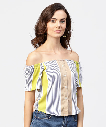 Women's Striped Multi Printed Off Shoulder Front Open Top