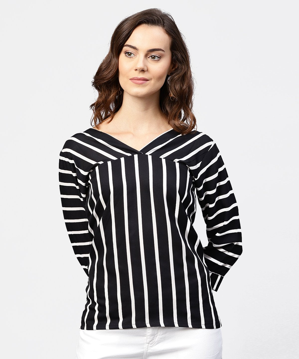 Women's Black Striped 3/4Th Sleeve Shirt Style Top