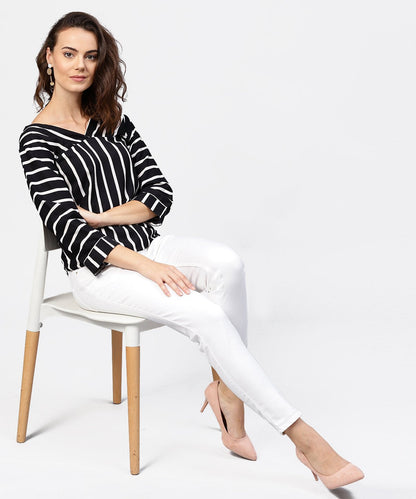 Women's Black Striped 3/4Th Sleeve Shirt Style Top