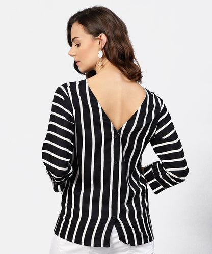 Women's Black Striped 3/4Th Sleeve Shirt Style Top