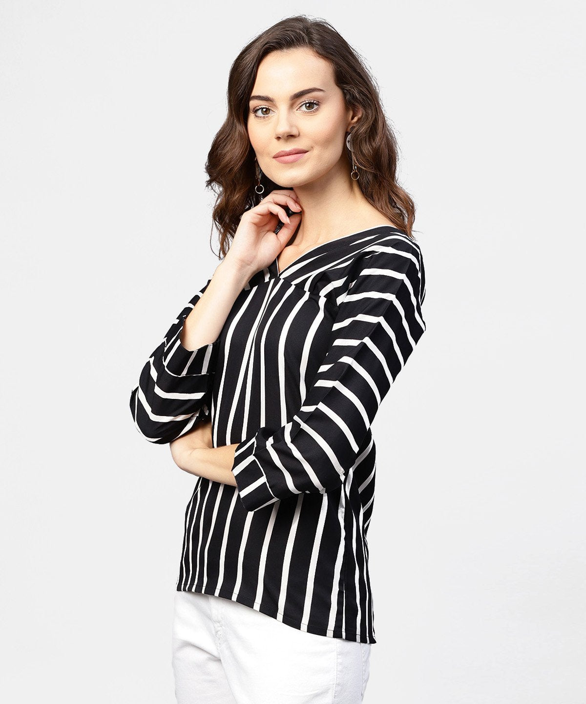 Women's Black Striped 3/4Th Sleeve Shirt Style Top