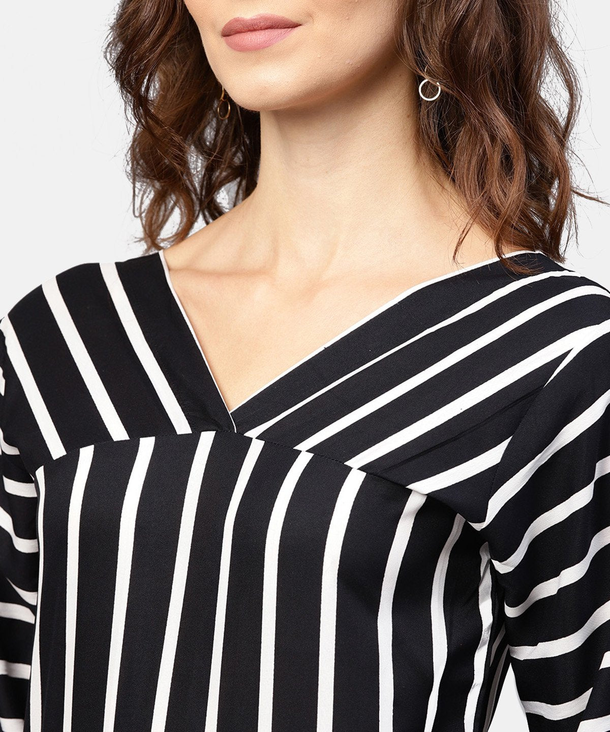 Women's Black Striped 3/4Th Sleeve Shirt Style Top