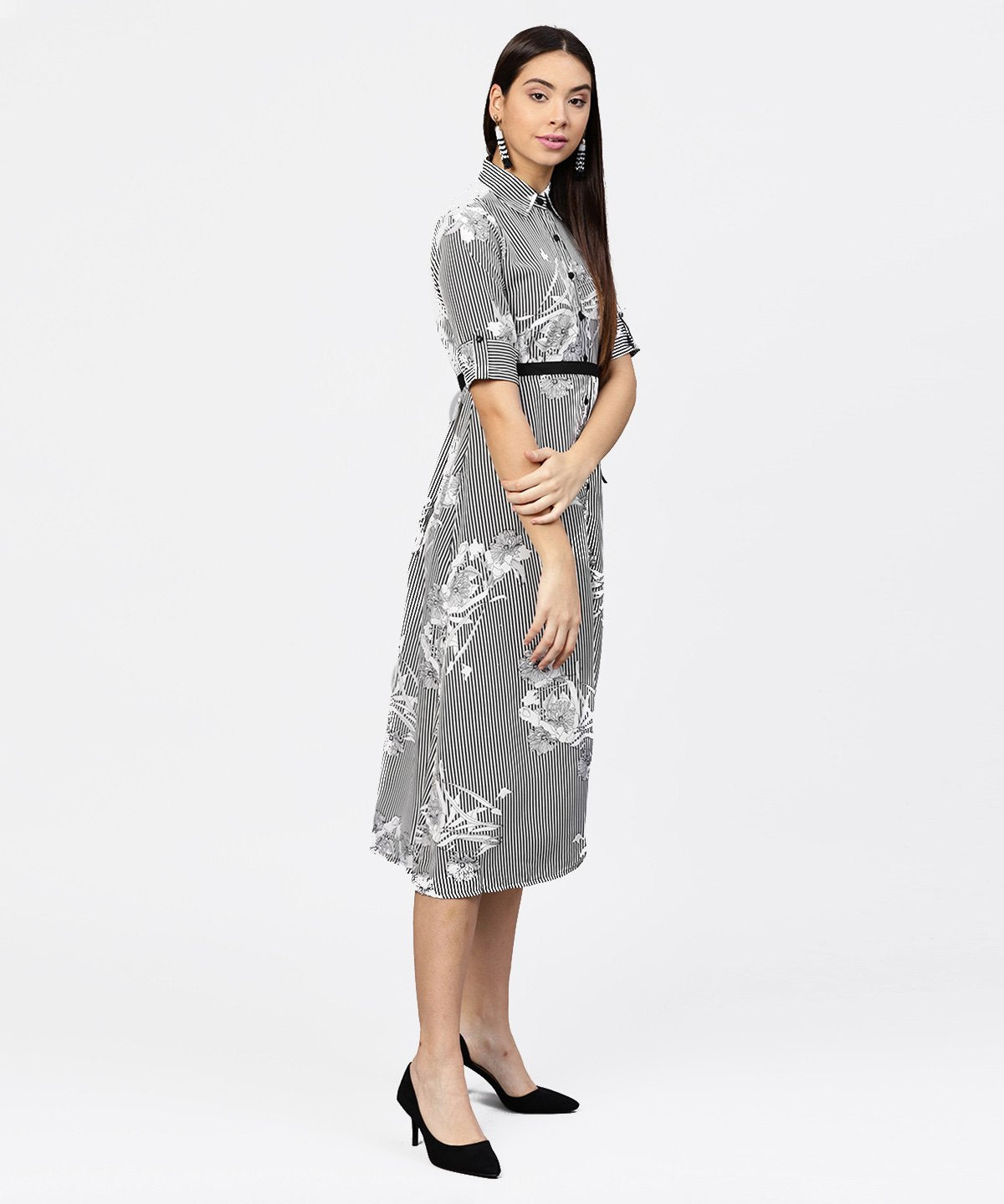 Women's Black Striped Cuff Style Half Sleeve A-Line Open Placket Dress With Belt