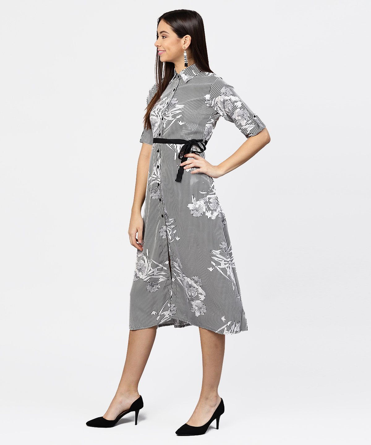 Women's Black Striped Cuff Style Half Sleeve A-Line Open Placket Dress With Belt