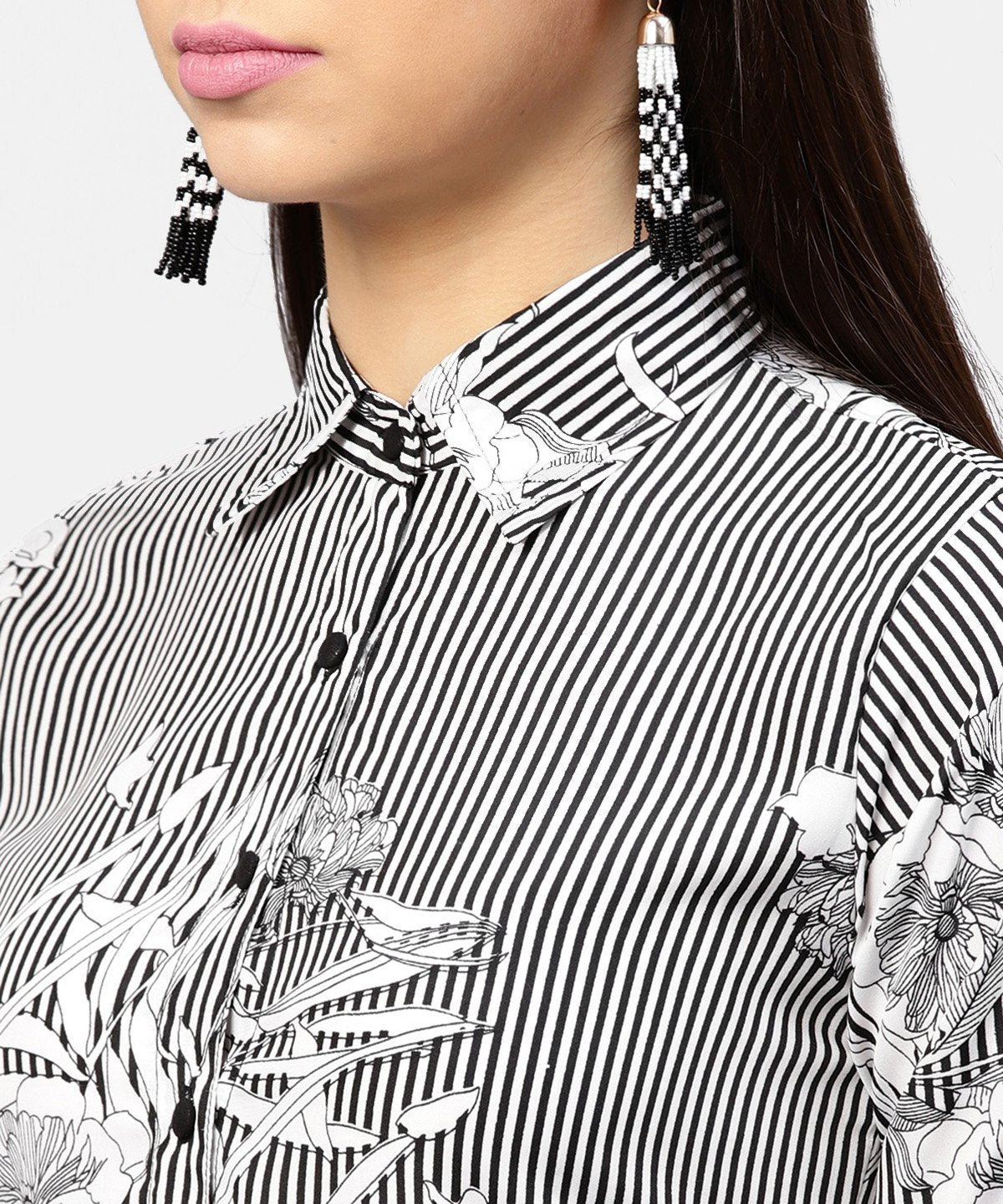 Women's Black Striped Cuff Style Half Sleeve A-Line Open Placket Dress With Belt