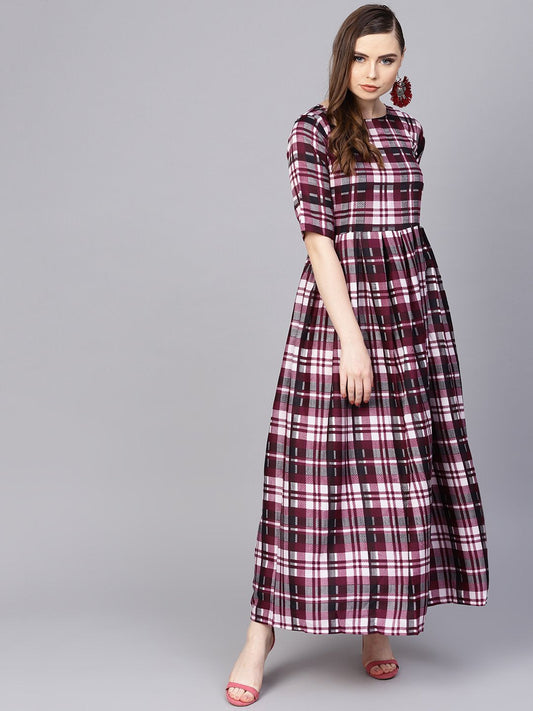 Women's Purple Check Printed Half Sleeve Maxi Dress