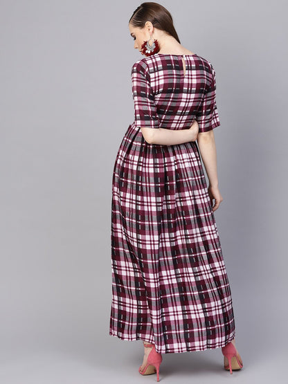 Women's Purple Check Printed Half Sleeve Maxi Dress
