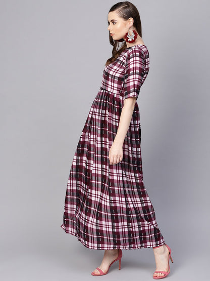 Women's Purple Check Printed Half Sleeve Maxi Dress