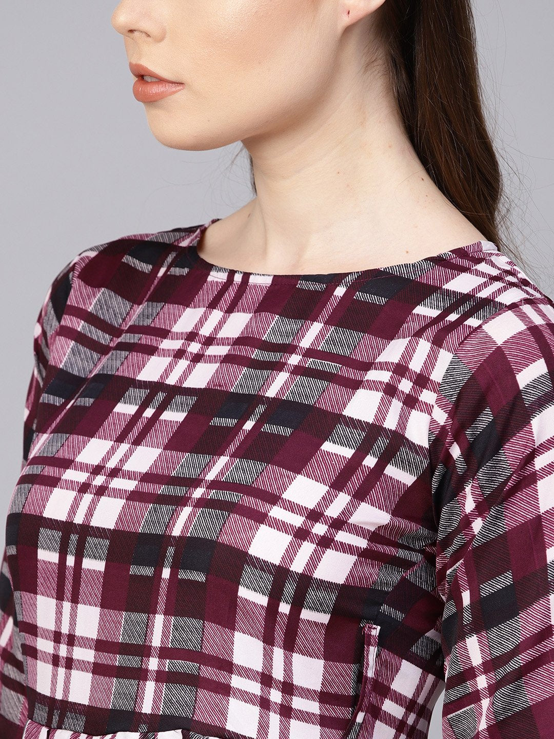 Women's Purple Check Printed Half Sleeve Maxi Dress
