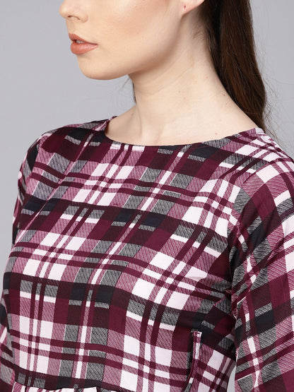 Women's Purple Check Printed Half Sleeve Maxi Dress