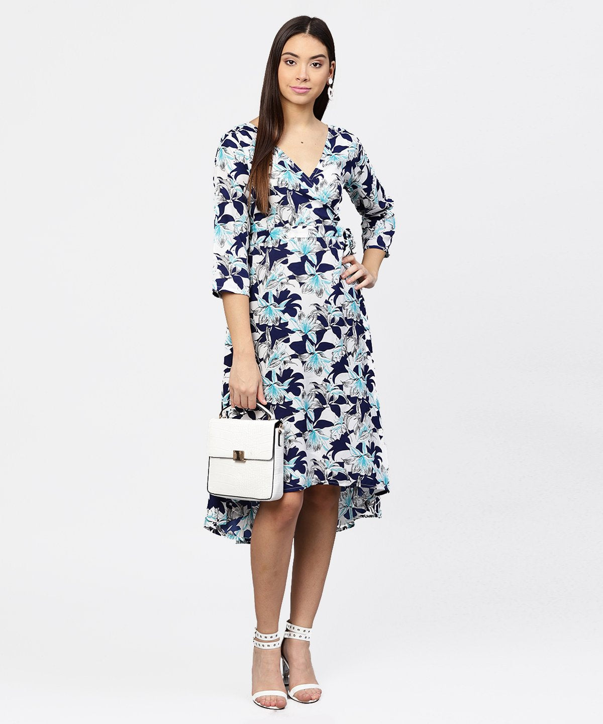 Women's Blue Floral Printed 3/4Th Sleeve Midi A-Line Dress
