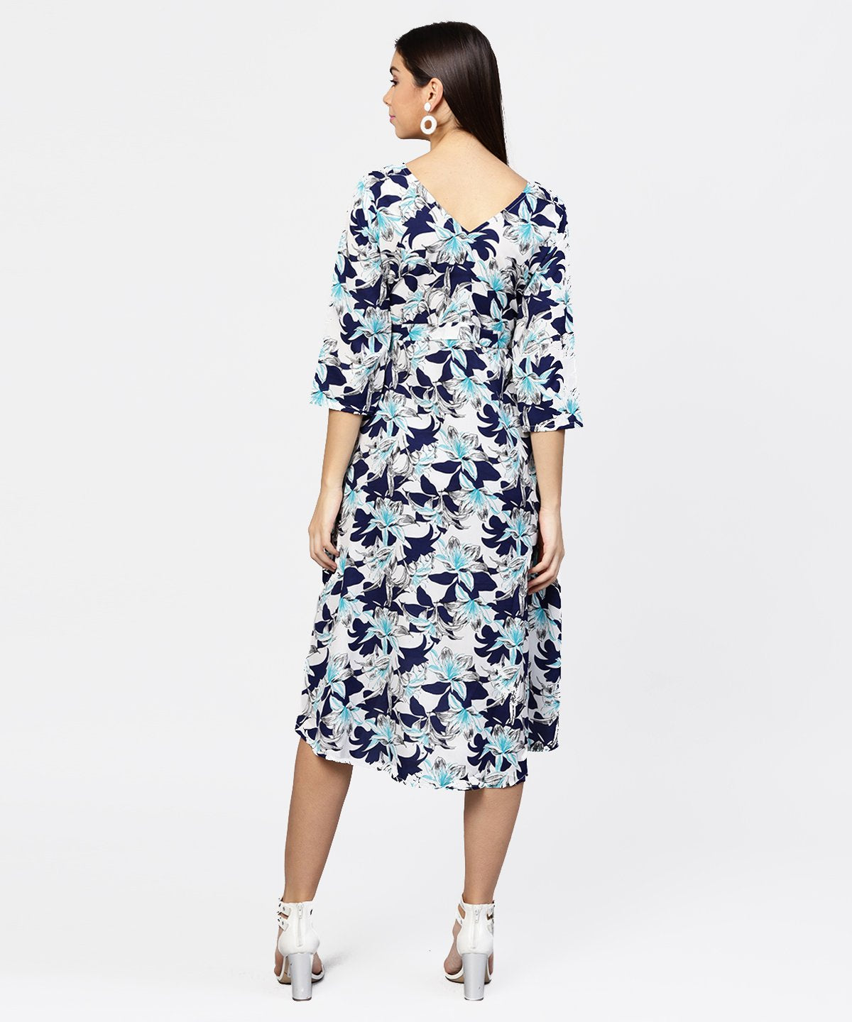 Women's Blue Floral Printed 3/4Th Sleeve Midi A-Line Dress