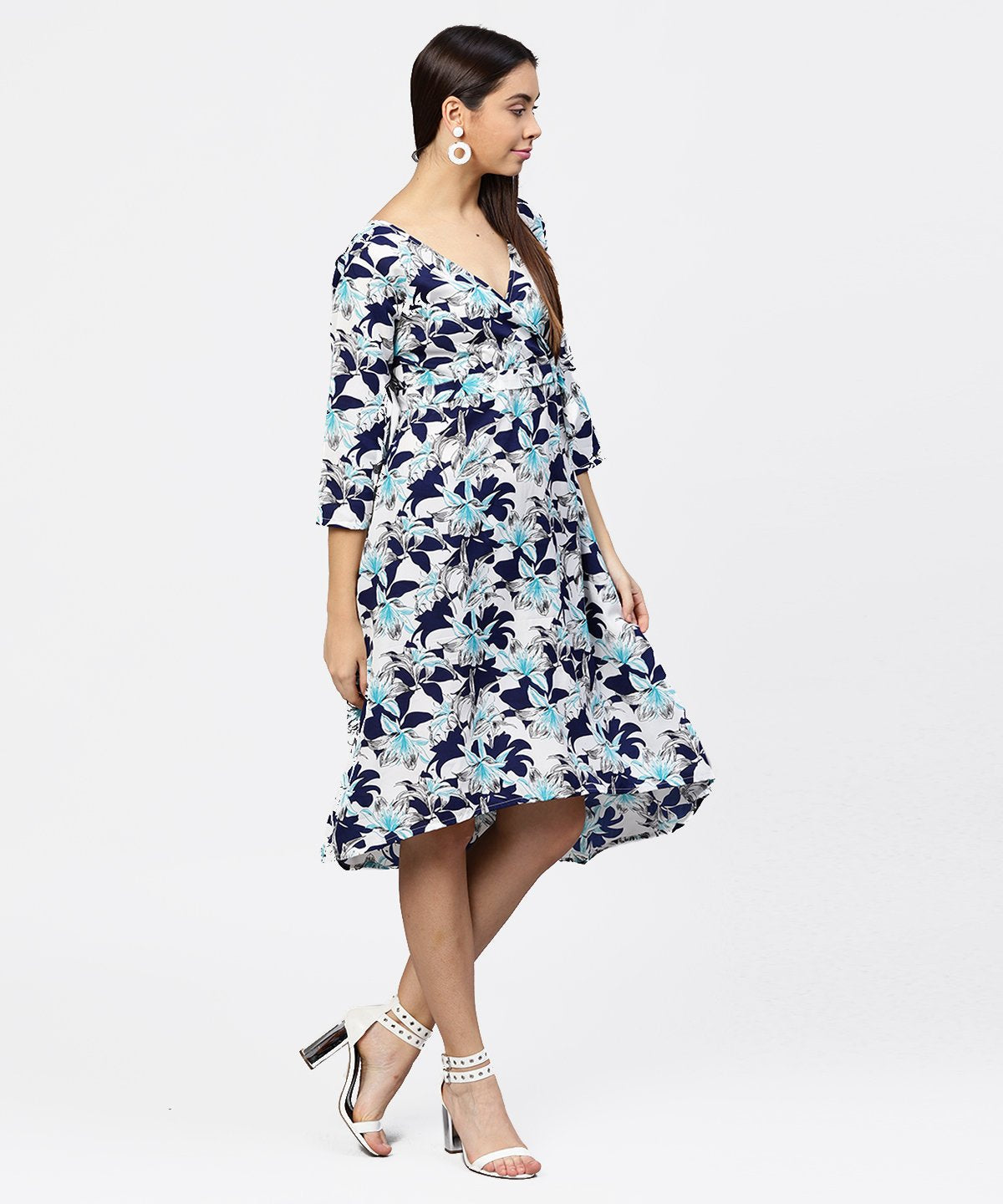 Women's Blue Floral Printed 3/4Th Sleeve Midi A-Line Dress