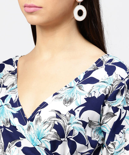 Women's Blue Floral Printed 3/4Th Sleeve Midi A-Line Dress
