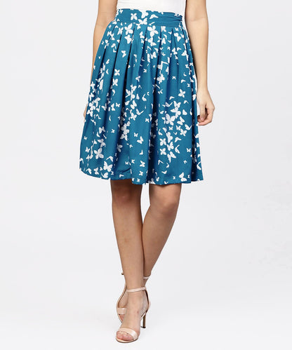 Women's Blue Butterfly Printed Box Pleated Skirt