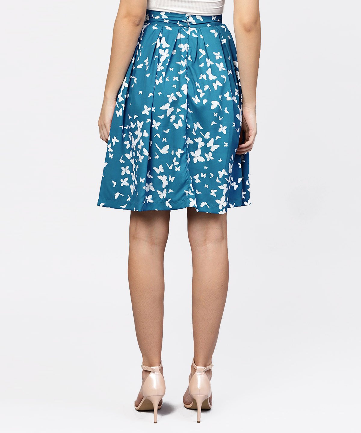 Women's Blue Butterfly Printed Box Pleated Skirt