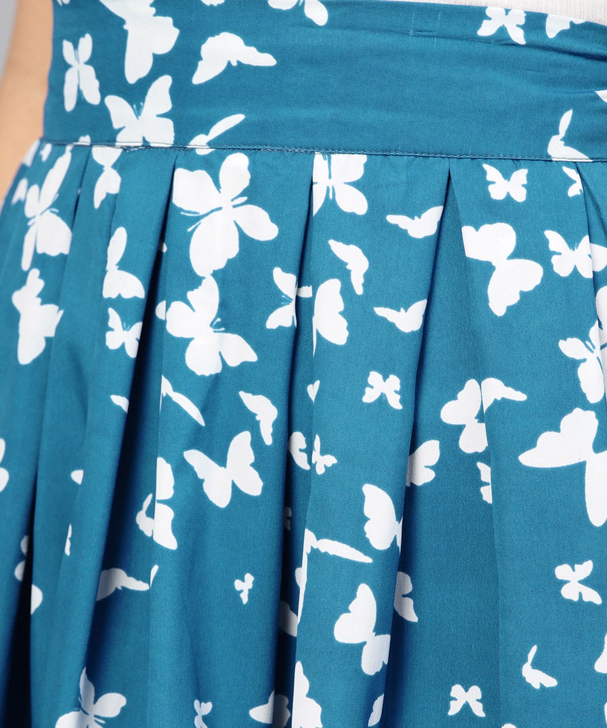 Women's Blue Butterfly Printed Box Pleated Skirt