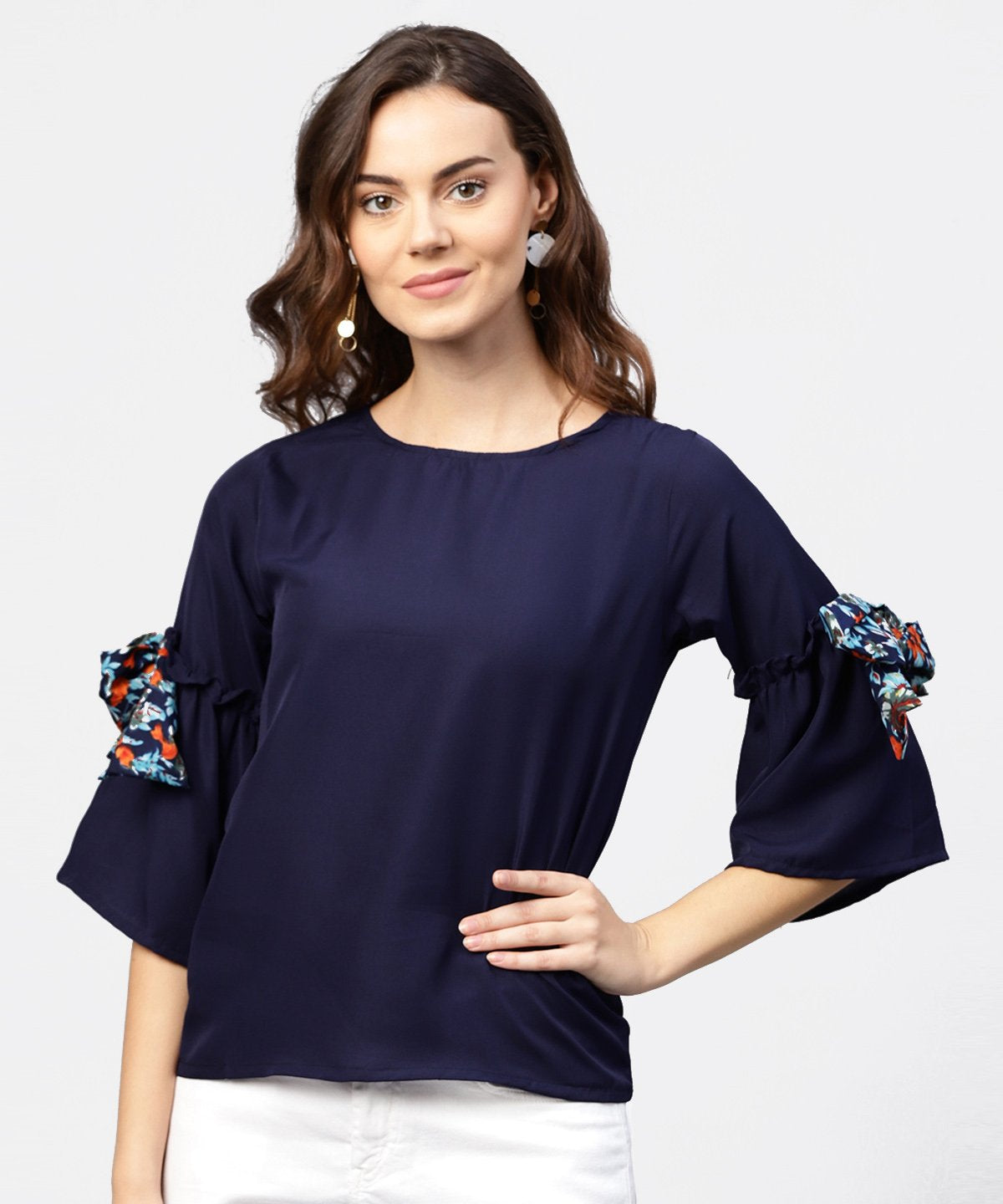 Women's Solid Round Neck Top With Flared 3/4Th Pinted Knotted Style Sleeves