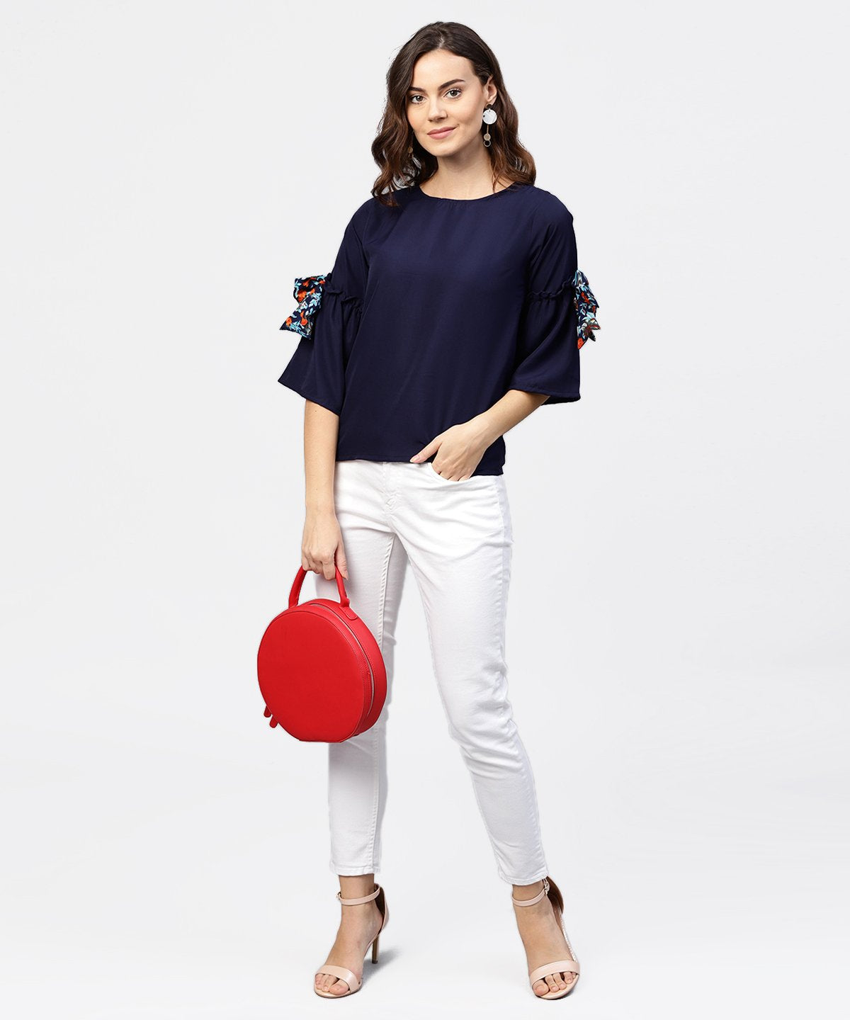 Women's Solid Round Neck Top With Flared 3/4Th Pinted Knotted Style Sleeves