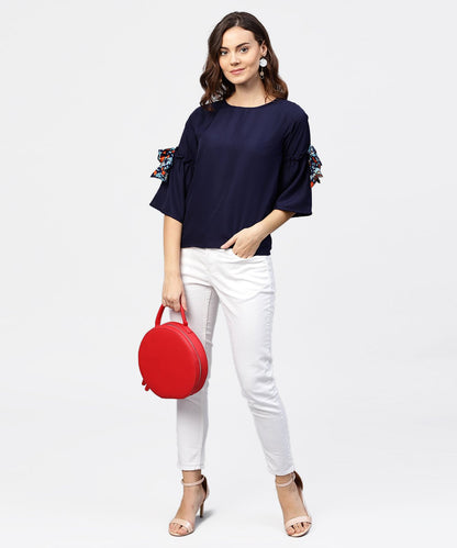 Women's Solid Round Neck Top With Flared 3/4Th Pinted Knotted Style Sleeves