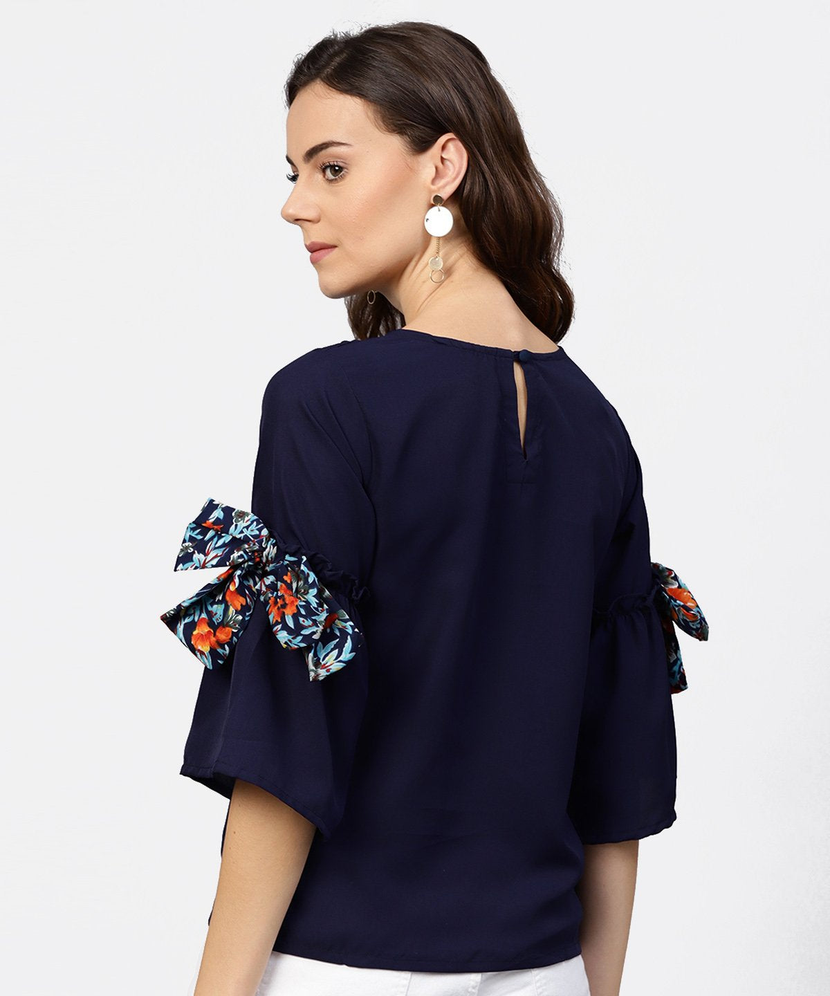 Women's Solid Round Neck Top With Flared 3/4Th Pinted Knotted Style Sleeves