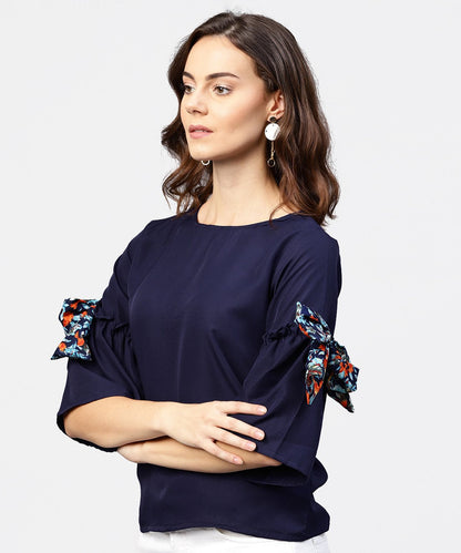Women's Solid Round Neck Top With Flared 3/4Th Pinted Knotted Style Sleeves