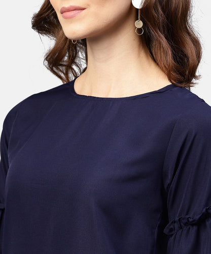Women's Solid Round Neck Top With Flared 3/4Th Pinted Knotted Style Sleeves