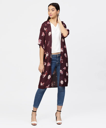 Women's Solid V-Neck Cream Top With Floral Printed Loose-Fit 3/4Th Sleeves Open Style Cape