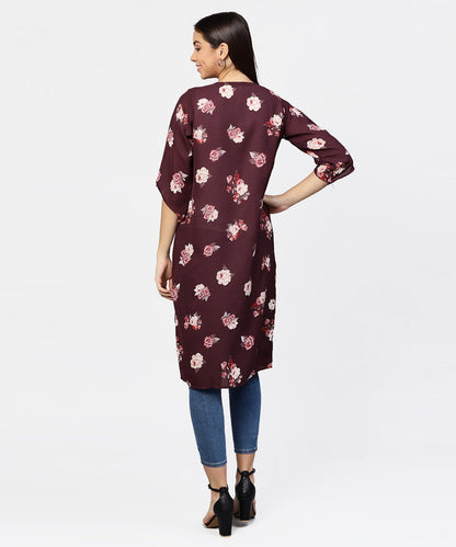 Women's Solid V-Neck Cream Top With Floral Printed Loose-Fit 3/4Th Sleeves Open Style Cape