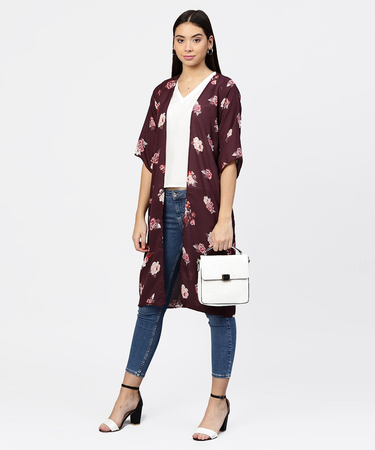 Women's Solid V-Neck Cream Top With Floral Printed Loose-Fit 3/4Th Sleeves Open Style Cape