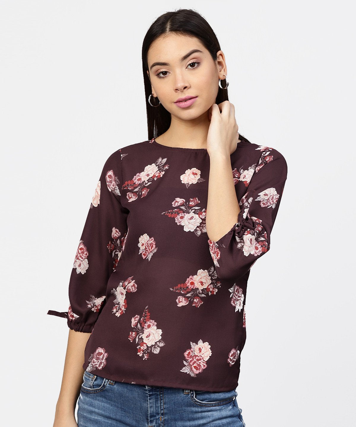 Women's Round Neck Floral Printed 3/4Th Sleeves Top