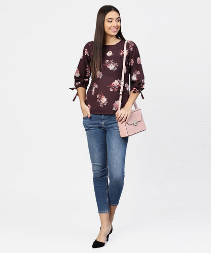 Women's Round Neck Floral Printed 3/4Th Sleeves Top