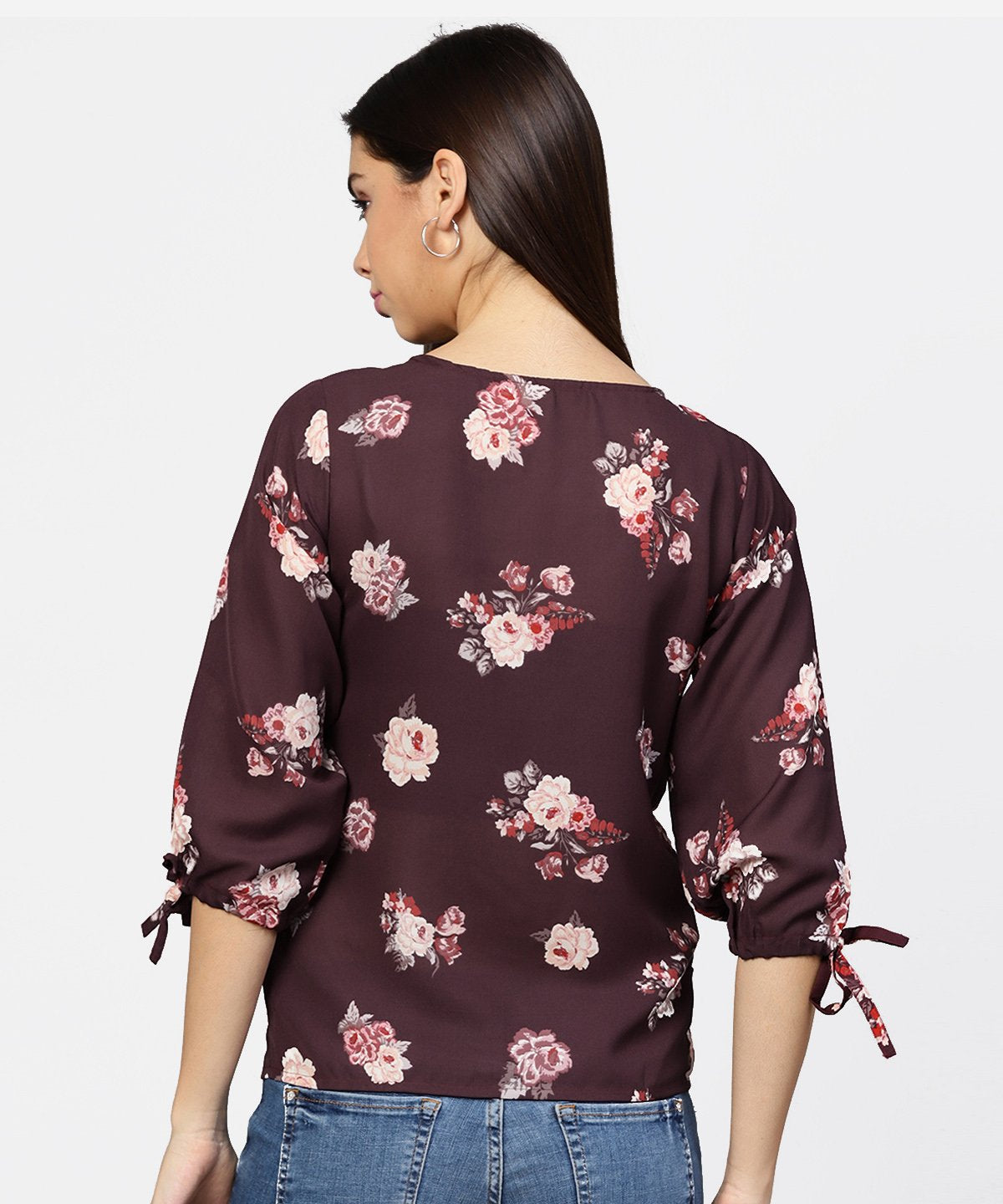 Women's Round Neck Floral Printed 3/4Th Sleeves Top