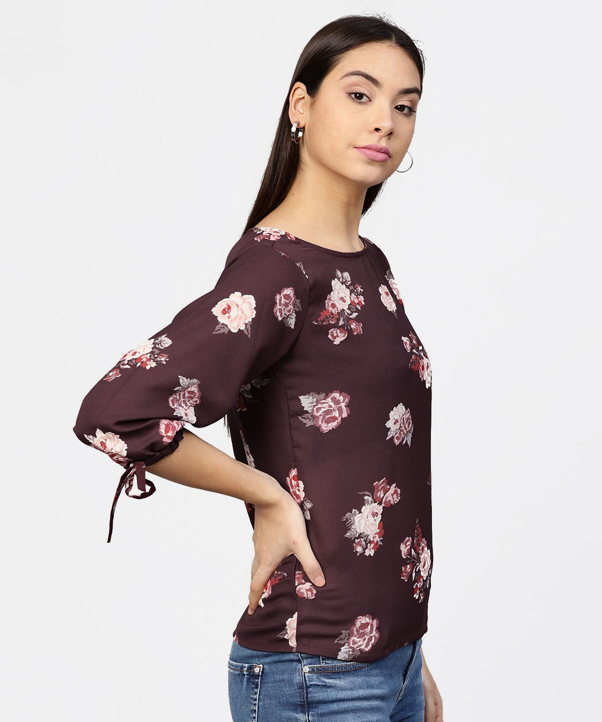 Women's Round Neck Floral Printed 3/4Th Sleeves Top