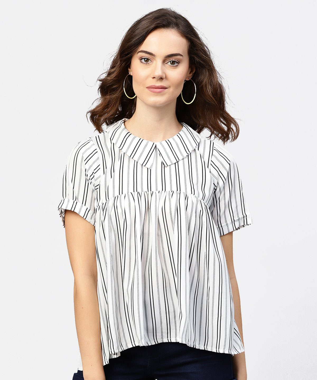 Women's Striped Printed Short-Shirt Collar And Elbow Sleeves A-Lined Top