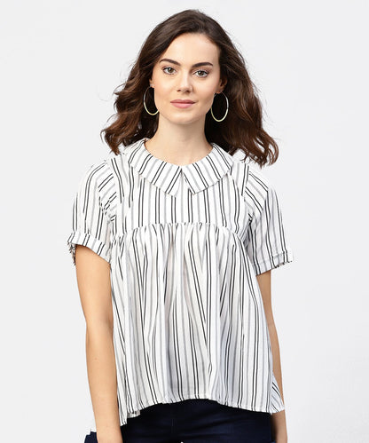 Women's Striped Printed Short-Shirt Collar And Elbow Sleeves A-Lined Top