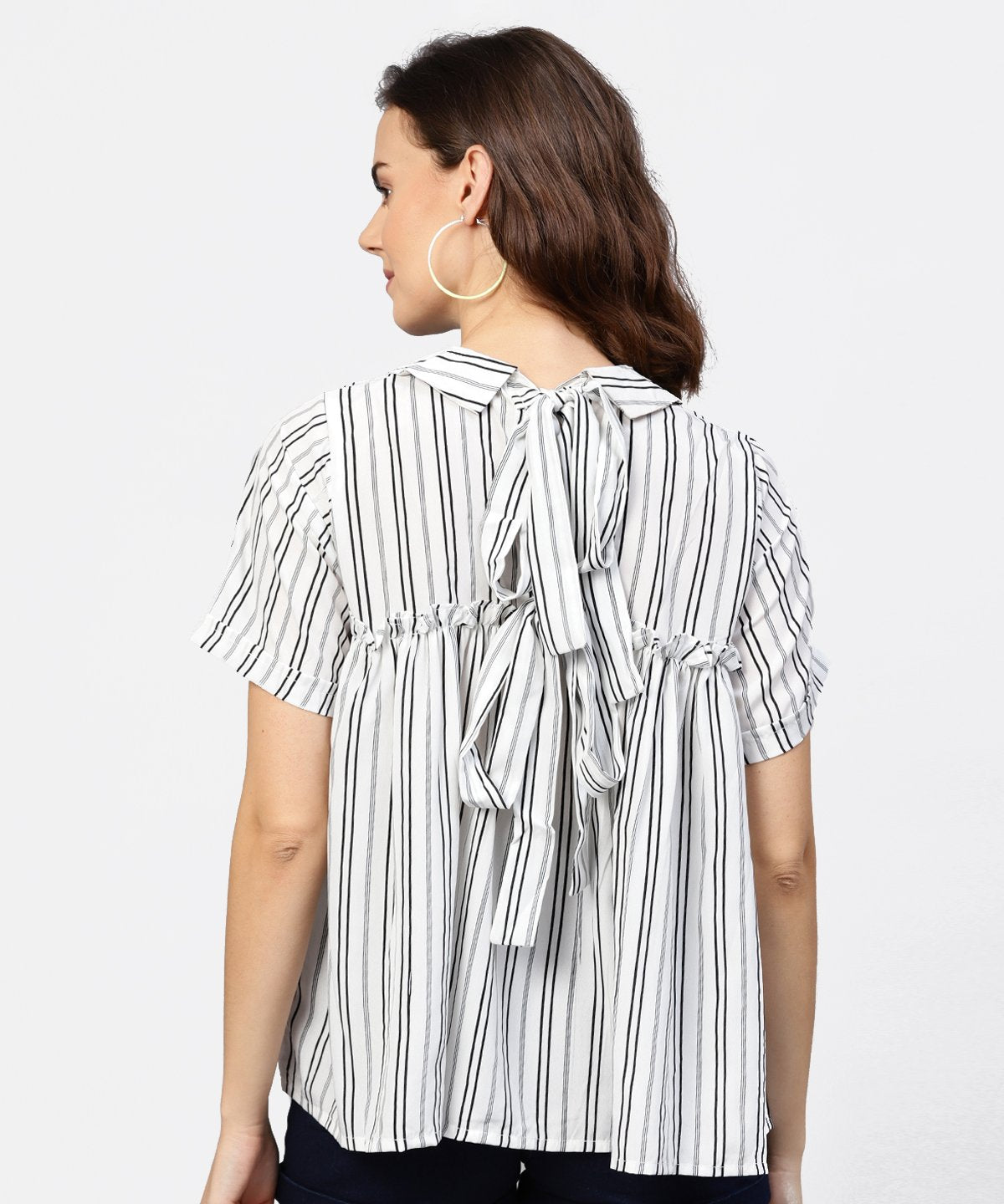 Women's Striped Printed Short-Shirt Collar And Elbow Sleeves A-Lined Top